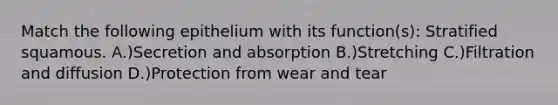 Match the following epithelium with its function(s): Stratified squamous. A.)Secretion and absorption B.)Stretching C.)Filtration and diffusion D.)Protection from wear and tear