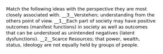 Match the following ideas with the perspective they are most closely associated with. __3__Verstehen; understanding from the others point of view. __1__Each part of society may have positive outcomes (manifest functions) in society as well as outcomes that can be understood as unintended negatives (latent dysfunctions). __2__Scarce Resources; that power, wealth, status, ideology are not equally held by groups of people.