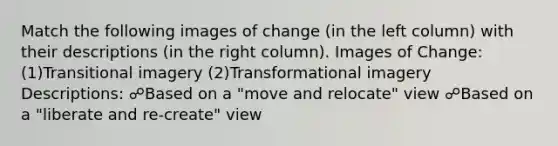 Match the following images of change (in the left column) with their descriptions (in the right column). Images of Change: (1)Transitional imagery (2)Transformational imagery Descriptions: ☍Based on a "move and relocate" view ☍Based on a "liberate and re-create" view