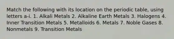 Match the following with its location on the periodic table, using letters a-i. 1. Alkali Metals 2. Alkaline Earth Metals 3. Halogens 4. Inner Transition Metals 5. Metalloids 6. Metals 7. Noble Gases 8. Nonmetals 9. Transition Metals