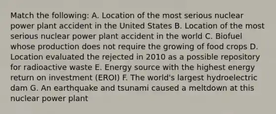 Match the following: A. Location of the most serious nuclear power plant accident in the United States B. Location of the most serious nuclear power plant accident in the world C. Biofuel whose production does not require the growing of food crops D. Location evaluated the rejected in 2010 as a possible repository for radioactive waste E. Energy source with the highest energy return on investment (EROI) F. The world's largest hydroelectric dam G. An earthquake and tsunami caused a meltdown at this nuclear power plant