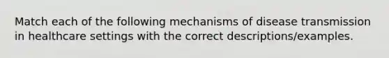 Match each of the following mechanisms of disease transmission in healthcare settings with the correct descriptions/examples.