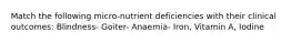 Match the following micro-nutrient deficiencies with their clinical outcomes: Blindness- Goiter- Anaemia- Iron, Vitamin A, Iodine