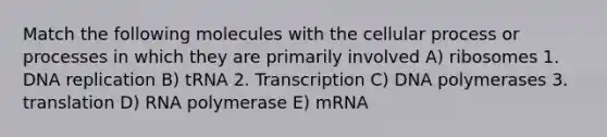 Match the following molecules with the cellular process or processes in which they are primarily involved A) ribosomes 1. <a href='https://www.questionai.com/knowledge/kofV2VQU2J-dna-replication' class='anchor-knowledge'>dna replication</a> B) tRNA 2. Transcription C) DNA polymerases 3. translation D) RNA polymerase E) mRNA