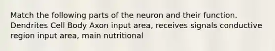 Match the following parts of the neuron and their function. Dendrites Cell Body Axon input area, receives signals conductive region input area, main nutritional