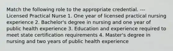 Match the following role to the appropriate credential. --- Licensed Practical Nurse 1. One year of licensed practical nursing experience 2. Bachelor's degree in nursing and one year of public health experience 3. Education and experience required to meet state certification requirements 4. Master's degree in nursing and two years of public health experience