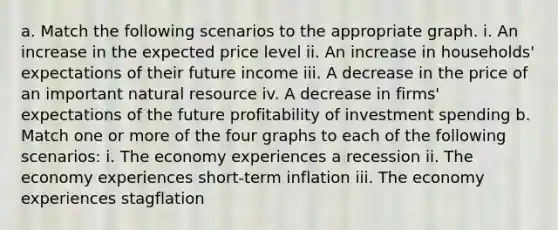 a. Match the following scenarios to the appropriate graph. i. An increase in the expected price level ii. An increase in​ households' expectations of their future income iii. A decrease in the price of an important natural resource iv. A decrease in​ firms' expectations of the future profitability of investment spending b. Match one or more of the four graphs to each of the following​ scenarios: i. The economy experiences a recession ii. The economy experiences​ short-term inflation iii. The economy experiences stagflation