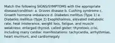 Match the following SIGNS/SYMPTOMS with the appropriate disease/condition: a. Graves disease b. Cushing syndrome c. Growth hormone imbalance d. Diabetes mellitus (Type 1) e. Diabetes mellitus (Type 2) Exophthalmos, elevated metabolic rate, heat intolerance, weight loss, fatigue, and muscle weakness; enlarged thyroid, called goiter; thyrotoxic crisi, including many cardiac manifestations: tachycardia, arrhythmias, heart murmurs, and cardiomegaly