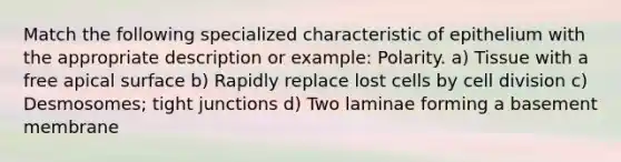 Match the following specialized characteristic of epithelium with the appropriate description or example: Polarity. a) Tissue with a free apical surface b) Rapidly replace lost cells by cell division c) Desmosomes; tight junctions d) Two laminae forming a basement membrane