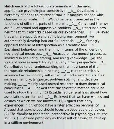 Match each of the following statements with the most appropriate psychological perspective: __3__ Developed a hierarchy of needs to represent how our motives change with changes in our state. __5__ Would be very interested in the functions of different parts of the brain. __1__ Convinced that we are full of sexual and aggressive conflicts. __5__ Described how neurons form networks based on our experiences. __3__ Believed that with a supportive and stimulating environment, we automatically develop into our full potential. __2__ Strongly opposed the use of introspection as a scientific tool. __5__ Explained behaviour and the mind in terms of the underlying neurological processes. __4__ Focused on the mental processes involved in acquiring, storing, and using knowledge. _(4) The focus of more research today than any other perspective. __3__ Contributed to our understanding of the importance of the therapeutic relationship in healing. __5__ Is as theoretically advanced as technology will allow. __4__ Interested in abilities such as memory, language, problem solving, and decision making. __2__ Mainly used animal research to draw theoretical conclusions. __4__ Showed that the scientific method could be used to study the mind. (2) Established general laws about how associations are formed. __1__ Believed that we have wishes and desires of which we are unaware. (1) Argued that early experiences in childhood have a later effect on personality. __2__ Argued that psychology should focus on observable behaviour. (2) The dominant theoretical perspective in psychology until the 1950's. (3) Viewed pathology as the result of having to develop in a stifling environment.