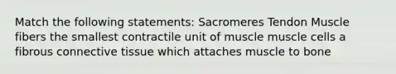 Match the following statements: Sacromeres Tendon Muscle fibers the smallest contractile unit of muscle muscle cells a fibrous connective tissue which attaches muscle to bone