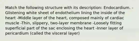 Match the following structure with its description: Endocardium. -Glistening white sheet of endothelium lining the inside of <a href='https://www.questionai.com/knowledge/kya8ocqc6o-the-heart' class='anchor-knowledge'>the heart</a> -Middle layer of the heart, composed mainly of cardiac muscle -Thin, slippery, two-layer membrane -Loosely fitting superficial part of the sac enclosing the heart -Inner layer of pericardium (called the visceral layer)