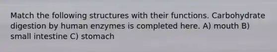 Match the following structures with their functions. Carbohydrate digestion by human enzymes is completed here. A) mouth B) small intestine C) stomach