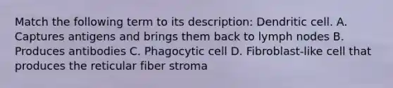 Match the following term to its description: Dendritic cell. A. Captures antigens and brings them back to lymph nodes B. Produces antibodies C. Phagocytic cell D. Fibroblast-like cell that produces the reticular fiber stroma