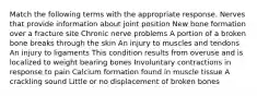 Match the following terms with the appropriate response. Nerves that provide information about joint position New bone formation over a fracture site Chronic nerve problems A portion of a broken bone breaks through the skin An injury to muscles and tendons An injury to ligaments This condition results from overuse and is localized to weight bearing bones Involuntary contractions in response to pain Calcium formation found in muscle tissue A crackling sound Little or no displacement of broken bones