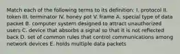 Match each of the following terms to its definition: I. protocol II. token III. terminator IV. honey pot V. frame A. special type of data packet B. computer system designed to attract unauthorized users C. device that absorbs a signal so that it is not reflected back D. set of common rules that control communications among network devices E. holds multiple data packets