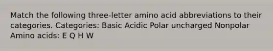 Match the following three-letter amino acid abbreviations to their categories. Categories: Basic Acidic Polar uncharged Nonpolar Amino acids: E Q H W