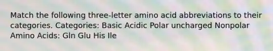 Match the following three-letter amino acid abbreviations to their categories. Categories: Basic Acidic Polar uncharged Nonpolar Amino Acids: Gln Glu His Ile