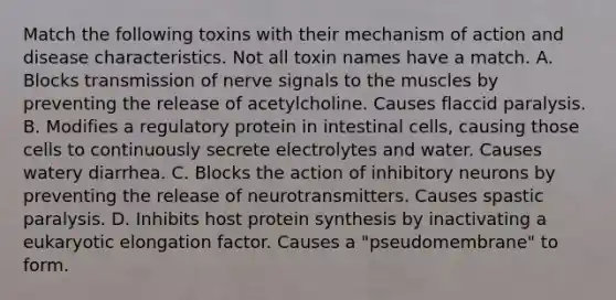 Match the following toxins with their mechanism of action and disease characteristics. Not all toxin names have a match. A. Blocks transmission of nerve signals to the muscles by preventing the release of acetylcholine. Causes flaccid paralysis. B. Modifies a regulatory protein in intestinal cells, causing those cells to continuously secrete electrolytes and water. Causes watery diarrhea. C. Blocks the action of inhibitory neurons by preventing the release of neurotransmitters. Causes spastic paralysis. D. Inhibits host <a href='https://www.questionai.com/knowledge/kVyphSdCnD-protein-synthesis' class='anchor-knowledge'>protein synthesis</a> by inactivating a eukaryotic elongation factor. Causes a "pseudomembrane" to form.