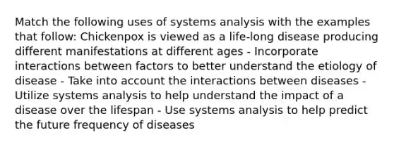 Match the following uses of systems analysis with the examples that follow: Chickenpox is viewed as a life-long disease producing different manifestations at different ages - Incorporate interactions between factors to better understand the etiology of disease - Take into account the interactions between diseases - Utilize systems analysis to help understand the impact of a disease over the lifespan - Use systems analysis to help predict the future frequency of diseases