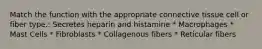 Match the function with the appropriate connective tissue cell or fiber type.: Secretes heparin and histamine * Macrophages * Mast Cells * Fibroblasts * Collagenous fibers * Reticular fibers