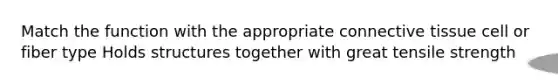 Match the function with the appropriate connective tissue cell or fiber type Holds structures together with great tensile strength