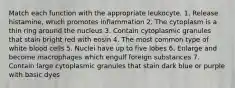 Match each function with the appropriate leukocyte. 1. Release histamine, which promotes inflammation 2. The cytoplasm is a thin ring around the nucleus 3. Contain cytoplasmic granules that stain bright red with eosin 4. The most common type of white blood cells 5. Nuclei have up to five lobes 6. Enlarge and become macrophages which engulf foreign substances 7. Contain large cytoplasmic granules that stain dark blue or purple with basic dyes