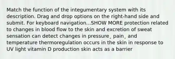 Match the function of the integumentary system with its description. Drag and drop options on the right-hand side and submit. For keyboard navigation...SHOW MORE protection related to changes in blood flow to the skin and excretion of sweat sensation can detect changes in pressure¸ pain¸ and temperature thermoregulation occurs in the skin in response to UV light vitamin D production skin acts as a barrier