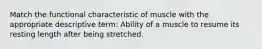 Match the functional characteristic of muscle with the appropriate descriptive term: Ability of a muscle to resume its resting length after being stretched.