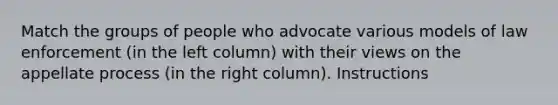 Match the groups of people who advocate various models of law enforcement (in the left column) with their views on the appellate process (in the right column). Instructions