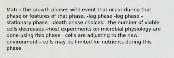 Match the growth phases with event that occur during that phase or features of that phase. -lag phase -log phase -stationary phase- -death phase choices: -the number of viable cells decreases -most experiments on microbial physiology are done using this phase - cells are adjusting to the new environment - cells may be limited for nutrients during this phase