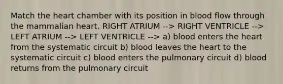 Match the heart chamber with its position in blood flow through the mammalian heart. RIGHT ATRIUM --> RIGHT VENTRICLE --> LEFT ATRIUM --> LEFT VENTRICLE --> a) blood enters the heart from the systematic circuit b) blood leaves the heart to the systematic circuit c) blood enters the pulmonary circuit d) blood returns from the pulmonary circuit