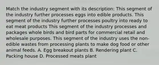 Match the industry segment with its description: This segment of the industry further processes eggs into edible products. This segment of the industry further processes poultry into ready to eat meat products This segment of the industry processes and packages whole birds and bird parts for commercial retail and wholesale purposes. This segment of the industry uses the non-edible wastes from processing plants to make dog food or other animal feeds. A. Egg breakout plants B. Rendering plant C. Packing house D. Processed meats plant