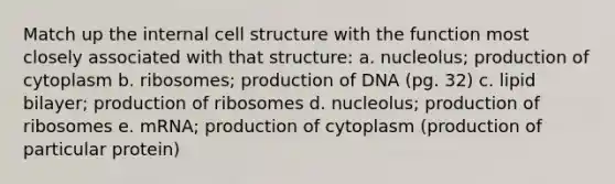 Match up the internal cell structure with the function most closely associated with that structure: a. nucleolus; production of cytoplasm b. ribosomes; production of DNA (pg. 32) c. lipid bilayer; production of ribosomes d. nucleolus; production of ribosomes e. mRNA; production of cytoplasm (production of particular protein)