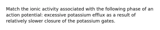 Match the ionic activity associated with the following phase of an action potential: excessive potassium efflux as a result of relatively slower closure of the potassium gates.