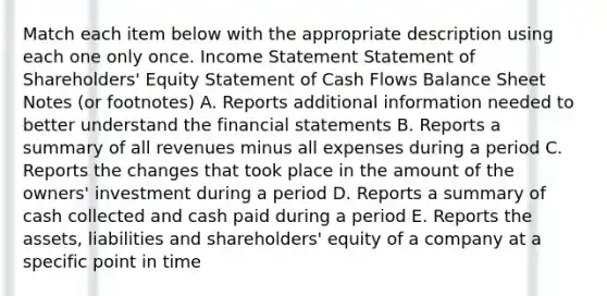 Match each item below with the appropriate description using each one only once. Income Statement Statement of Shareholders' Equity Statement of Cash Flows Balance Sheet Notes (or footnotes) A. Reports additional information needed to better understand the financial statements B. Reports a summary of all revenues minus all expenses during a period C. Reports the changes that took place in the amount of the owners' investment during a period D. Reports a summary of cash collected and cash paid during a period E. Reports the assets, liabilities and shareholders' equity of a company at a specific point in time