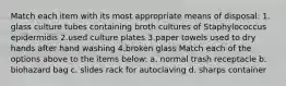 Match each item with its most appropriate means of disposal: 1. glass culture tubes containing broth cultures of Staphylococcus epidermidis 2.used culture plates 3.paper towels used to dry hands after hand washing 4.broken glass Match each of the options above to the items below: a. normal trash receptacle b. biohazard bag c. slides rack for autoclaving d. sharps container