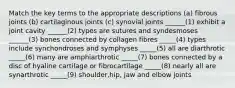 Match the key terms to the appropriate descriptions (a) fibrous joints (b) cartilaginous joints (c) synovial joints ______(1) exhibit a joint cavity ______(2) types are sutures and syndesmoses ______(3) bones connected by collagen fibres _____(4) types include synchondroses and symphyses _____(5) all are diarthrotic _____(6) many are amphiarthrotic _____(7) bones connected by a disc of hyaline cartilage or fibrocartilage _____(8) nearly all are synarthrotic _____(9) shoulder,hip, jaw and elbow joints