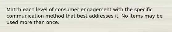 Match each level of consumer engagement with the specific communication method that best addresses it. No items may be used more than once.