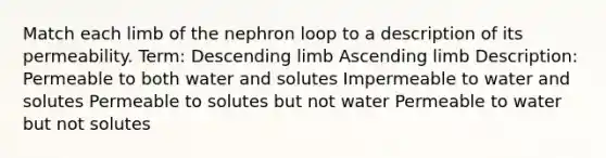 Match each limb of the nephron loop to a description of its permeability. Term: Descending limb Ascending limb Description: Permeable to both water and solutes Impermeable to water and solutes Permeable to solutes but not water Permeable to water but not solutes