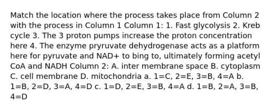 Match the location where the process takes place from Column 2 with the process in Column 1 Column 1: 1. Fast glycolysis 2. Kreb cycle 3. The 3 proton pumps increase the proton concentration here 4. The enzyme pryruvate dehydrogenase acts as a platform here for pyruvate and NAD+ to bing to, ultimately forming acetyl CoA and NADH Column 2: A. inter membrane space B. cytoplasm C. cell membrane D. mitochondria a. 1=C, 2=E, 3=B, 4=A b. 1=B, 2=D, 3=A, 4=D c. 1=D, 2=E, 3=B, 4=A d. 1=B, 2=A, 3=B, 4=D