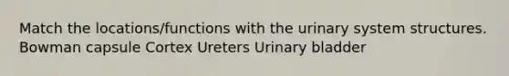 Match the locations/functions with the urinary system structures. Bowman capsule Cortex Ureters Urinary bladder