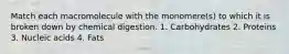 Match each macromolecule with the monomere(s) to which it is broken down by chemical digestion. 1. Carbohydrates 2. Proteins 3. Nucleic acids 4. Fats