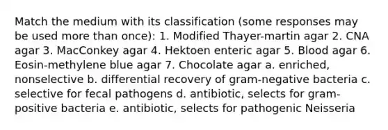 Match the medium with its classification (some responses may be used more than once): 1. Modified Thayer-martin agar 2. CNA agar 3. MacConkey agar 4. Hektoen enteric agar 5. Blood agar 6. Eosin-methylene blue agar 7. Chocolate agar a. enriched, nonselective b. differential recovery of gram-negative bacteria c. selective for fecal pathogens d. antibiotic, selects for gram-positive bacteria e. antibiotic, selects for pathogenic Neisseria