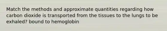 Match the methods and approximate quantities regarding how carbon dioxide is transported from the tissues to the lungs to be exhaled? bound to hemoglobin