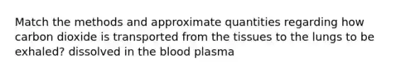 Match the methods and approximate quantities regarding how carbon dioxide is transported from the tissues to the lungs to be exhaled? dissolved in the blood plasma