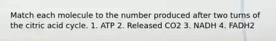 Match each molecule to the number produced after two turns of the citric acid cycle. 1. ATP 2. Released CO2 3. NADH 4. FADH2