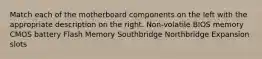 Match each of the motherboard components on the left with the appropriate description on the right. Non-volatile BIOS memory CMOS battery Flash Memory Southbridge Northbridge Expansion slots