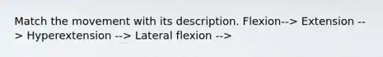 Match the movement with its description. Flexion--> Extension --> Hyperextension --> Lateral flexion -->