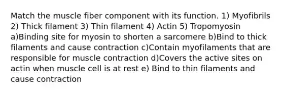 Match the muscle fiber component with its function. 1) Myofibrils 2) Thick filament 3) Thin filament 4) Actin 5) Tropomyosin a)Binding site for myosin to shorten a sarcomere b)Bind to thick filaments and cause contraction c)Contain myofilaments that are responsible for muscle contraction d)Covers the active sites on actin when muscle cell is at rest e) Bind to thin filaments and cause contraction